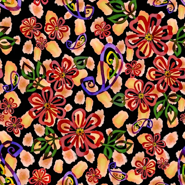 Abstract Seamless Pattern Watercolor Contour Flowers Paisley Elements Animal Skin — 스톡 사진