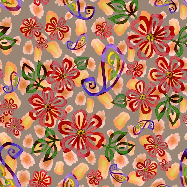 Abstracte Naadloze Patroon Met Aquarel Contour Bloemen Paisley Elementen Dierlijke — Stockfoto