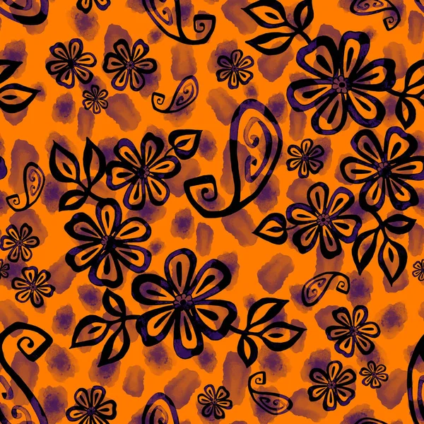 Abstracte Naadloze Patroon Met Aquarel Contour Bloemen Paisley Elementen Dierlijke — Stockfoto