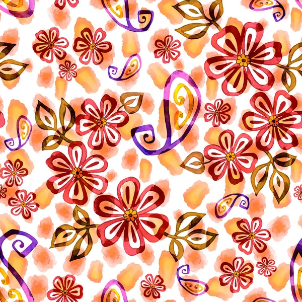 Patrón Sin Costura Abstracto Con Flores Contorno Acuarela Elementos Paisley —  Fotos de Stock