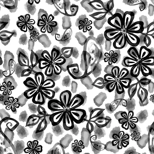 Abstract Seamless Pattern Watercolor Contour Flowers Paisley Elements Animal Skin — 스톡 사진