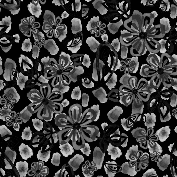 Abstract seamless pattern with watercolor contour flowers and paisley elements on animal skin. Ornamental background based on ethnic asian patterns.