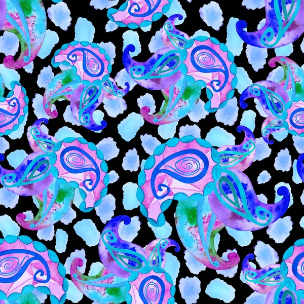 Abstractl seamless pattern with watercolor paisley elements on animal skin. Ornamental background based on ethnic asian patterns.