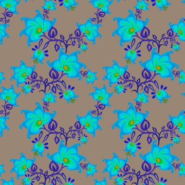 Şekillendirilmiş suluboya çiçekleri olan soyut, pürüzsüz desen. Etnik Asya kalıplarına dayalı süs arkaplanı. 