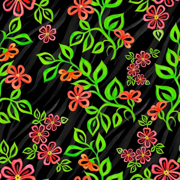 Krásný Bezešvý Vzor Stylizované Countour Květiny Zvířecím Pozadí Ročník Květinové — Stock fotografie