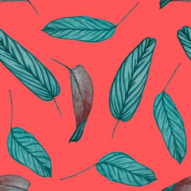 Orman yapraklı, tropik, pürüzsüz bir desen. Maranta. Elle çizilmiş egzotik bitkilerle çok güzel bir iz. Yaz doğal arka plan.