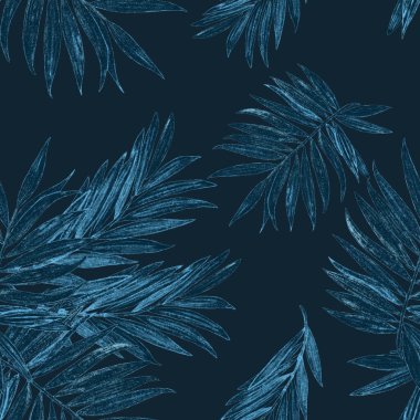Orman yapraklı, tropik, pürüzsüz bir desen. Avuç içi. Hawaii tarzında elle çizilmiş egzotik bitkilerle çok güzel bir iz. Yaz doğal arka plan.
