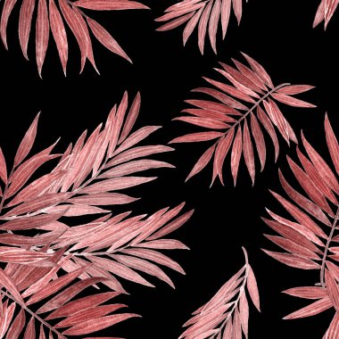 Siyah üzerinde orman yaprakları olan tropik, pürüzsüz bir desen. Hawaii tarzında el çizimi egzotik bitkilerle çok güzel bir iz..