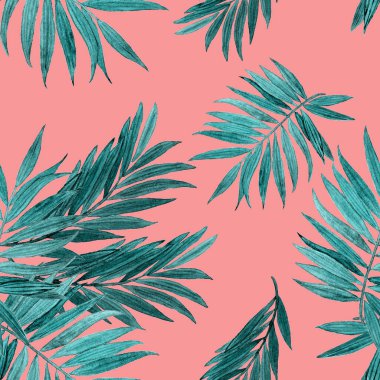 Orman yapraklı, tropik, pürüzsüz bir desen. Avuç içi. Hawaii tarzında elle çizilmiş egzotik bitkilerle çok güzel bir iz. Yaz doğal arka plan.