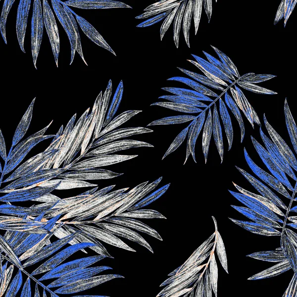热带无缝模式 丛林树叶呈黑色 美丽的合金画图案 手绘夏威夷风格的异国情调植物 — 图库照片