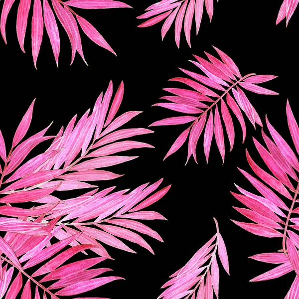 Tropical seamless pattern with jungle leaves on black. Beautiful allover print with hand drawn exotic plants in Hawaiian style.