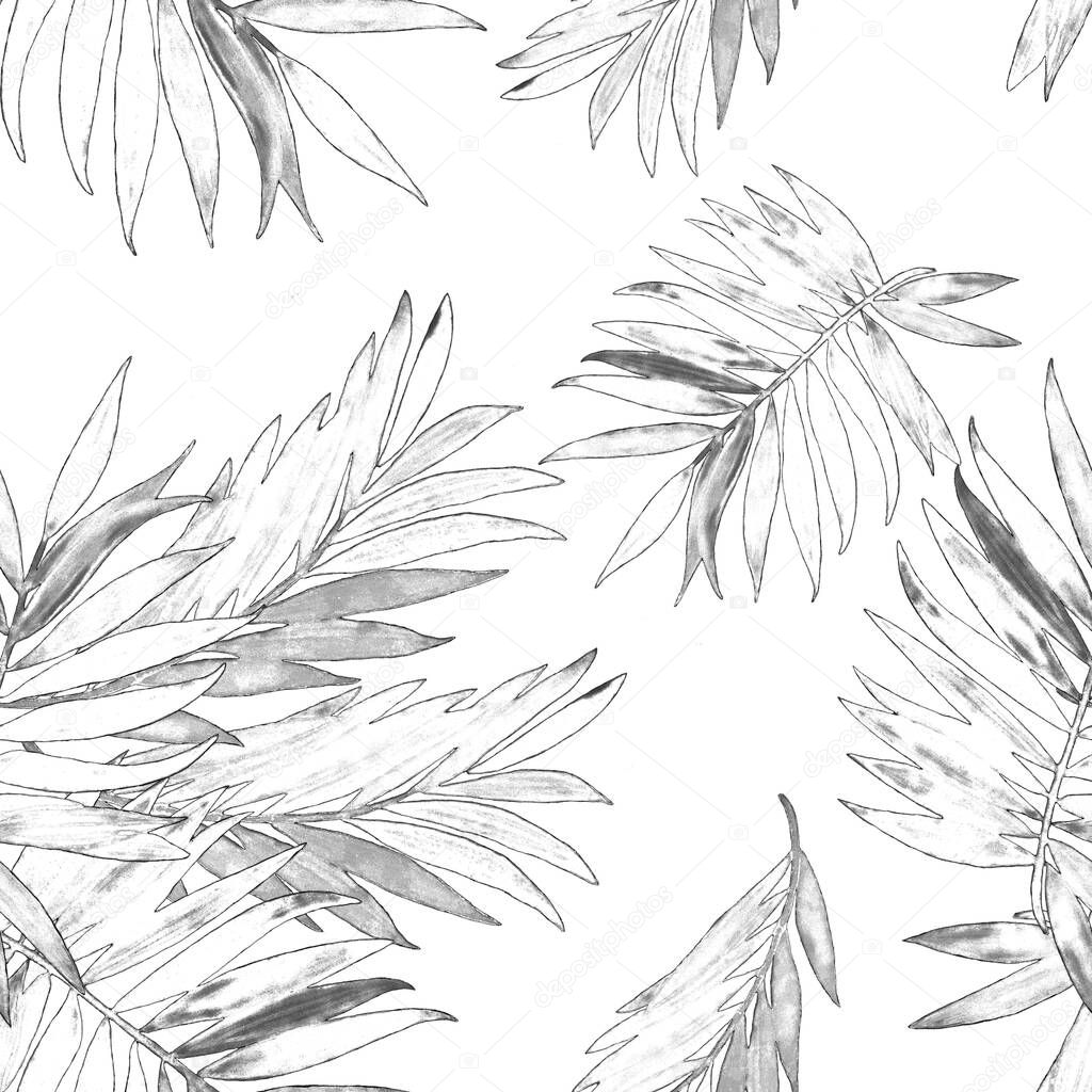 Tropical seamless pattern with jungle leaves. Palm. Beautiful allover print with hand drawn exotic plants in Hawaiian style. Summer natural background.