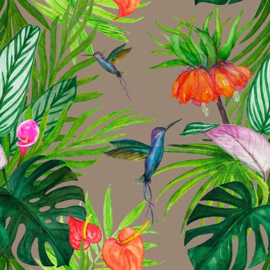 Süslü, dikişsiz desenli, suluboya tropikal resimli. El çizimi egzotik bitkiler ve sinekkuşlarıyla güzel bir iz..