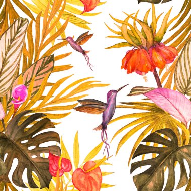 Süslü, dikişsiz desenli, suluboya tropikal resimli. El çizimi egzotik bitkiler ve sinekkuşlarıyla güzel bir iz..