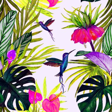 Süslü, dikişsiz desenli, suluboya tropikal resimli. El çizimi egzotik bitkiler ve sinekkuşlarıyla güzel bir iz..