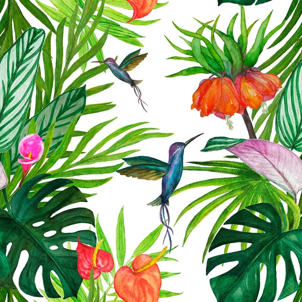 Decorative seamless pattern with watercolor tropical illustration. Beautiful allover print with hand drawn exotic plants and hummingbirds.