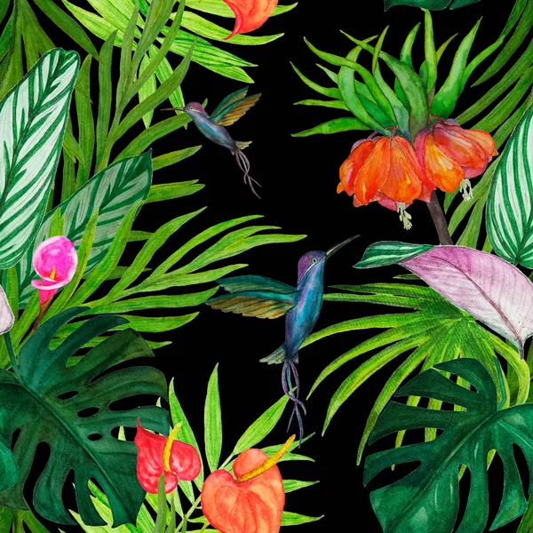 夏威夷无缝图案与水彩画热带黑色 手绘异国情调的植物和蜂鸟的美丽合金图案 — 图库照片