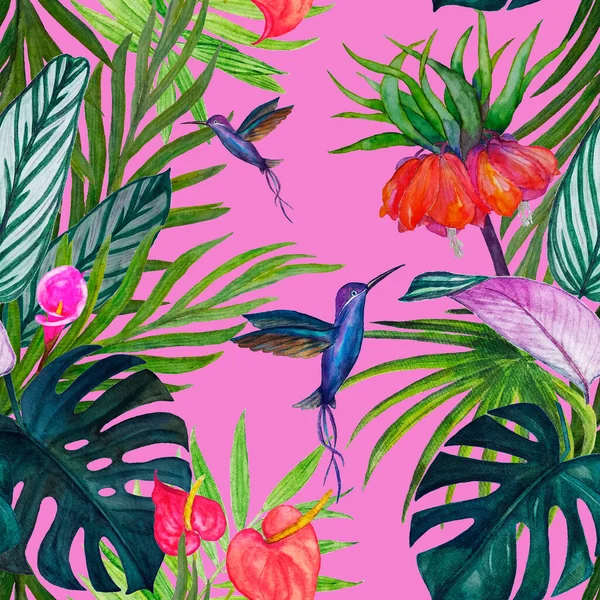 Decorative seamless pattern with watercolor tropical illustration. Beautiful allover print with hand drawn exotic plants and hummingbirds.