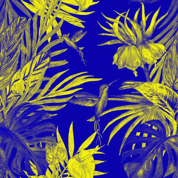 装饰无缝图案与水彩画热带 手绘异国情调的植物和蜂鸟的美丽合金图案 — 图库照片