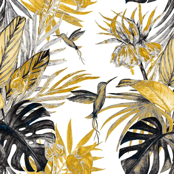 Golden seamless pattern with watercolor tropical illustration. Beautiful allover print with hand drawn exotic plants and hummingbirds in Hawaiian style.