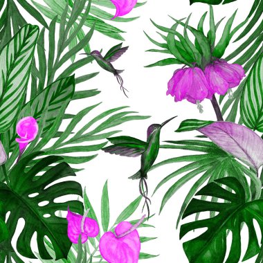 Süslü, dikişsiz desenli, suluboya tropikal resimli. El çizimi egzotik bitkiler ve sinekkuşlarıyla güzel bir iz..