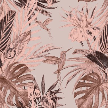 Decorative seamless pattern with watercolor tropical illustration. Beautiful allover print with hand drawn exotic plants and hummingbirds. clipart