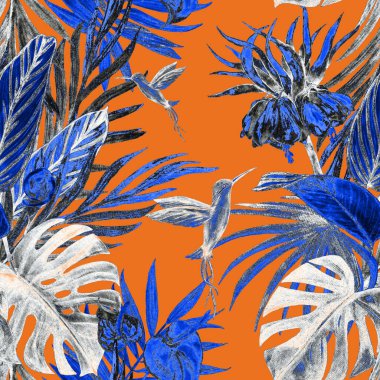 Süslü, dikişsiz desenli, suluboya tropikal resimli. El çizimi egzotik bitkiler ve sinekkuşlarıyla güzel bir iz..