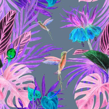 Süslü, dikişsiz desenli, suluboya tropikal resimli. El çizimi egzotik bitkiler ve sinekkuşlarıyla güzel bir iz..