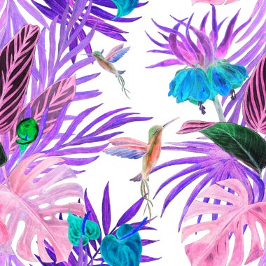 Süslü, dikişsiz desenli, suluboya tropikal resimli. El çizimi egzotik bitkiler ve sinekkuşlarıyla güzel bir iz..
