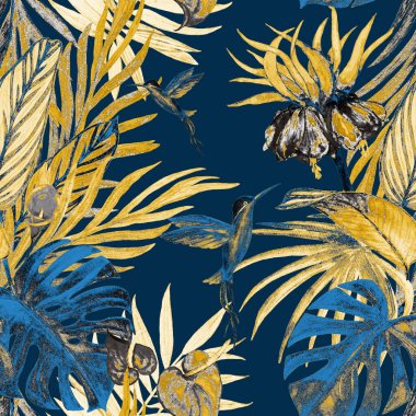 Suluboya tropikal resimli, kusursuz altın desenli. Hawaii tarzında el çizimi egzotik bitkiler ve sinekkuşlarıyla güzel bir iz..