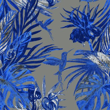 Süslü, dikişsiz desenli, suluboya tropikal resimli. El çizimi egzotik bitkiler ve sinekkuşlarıyla güzel bir iz..