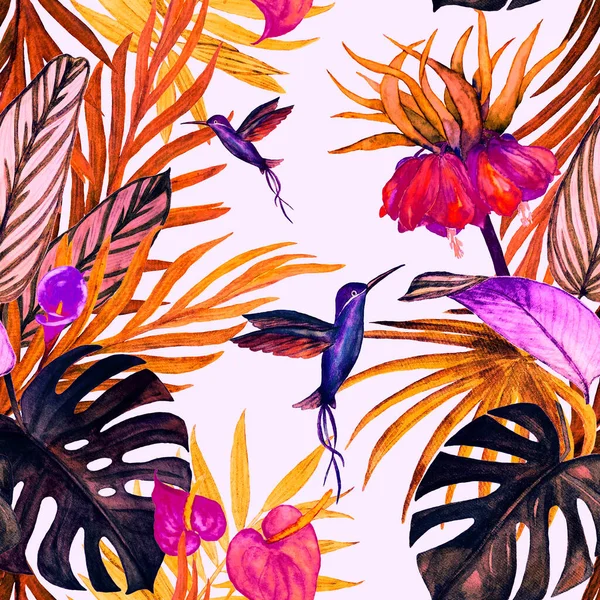 Süslü, dikişsiz desenli, suluboya tropikal resimli. El çizimi egzotik bitkiler ve sinekkuşlarıyla güzel bir iz..