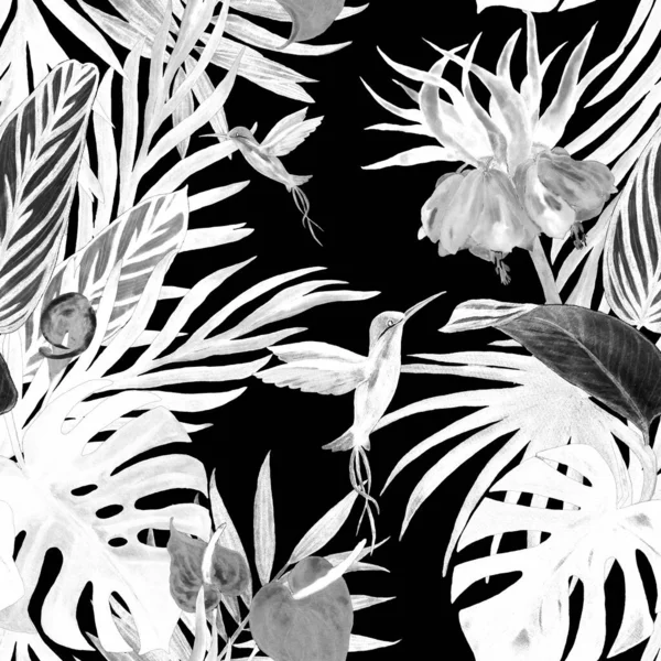 Patrón Hawaiano Sin Costuras Con Ilustración Tropical Acuarela Negro Hermoso —  Fotos de Stock