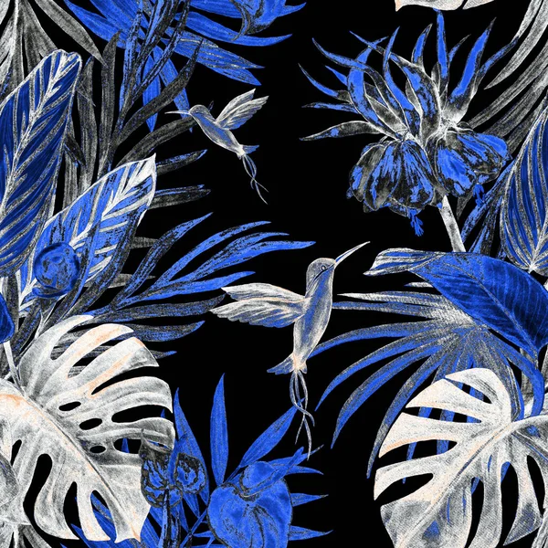 Padrão Sem Costura Havaiano Com Aquarela Ilustração Tropical Preto Impressão — Fotografia de Stock