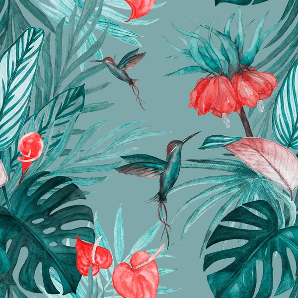 水彩熱帯イラストと装飾的なシームレスパターン 手描きエキゾチックな植物やハチドリと美しいAloverプリント — ストック写真