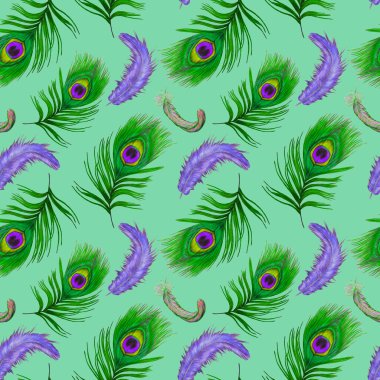 Güzel tüyleri olan dekoratif, pürüzsüz bir desen. Boya kalemleriyle çizilmiş moda resim baskısı.