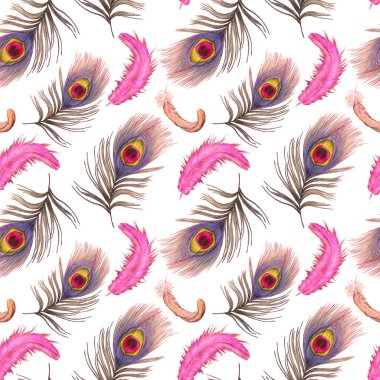 Güzel tüyleri olan dekoratif, pürüzsüz bir desen. Boya kalemleriyle çizilmiş moda resim baskısı.