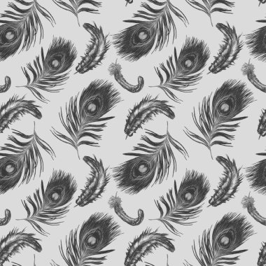 Güzel tüyleri olan dekoratif, pürüzsüz bir desen. Boya kalemleriyle çizilmiş moda resim baskısı.