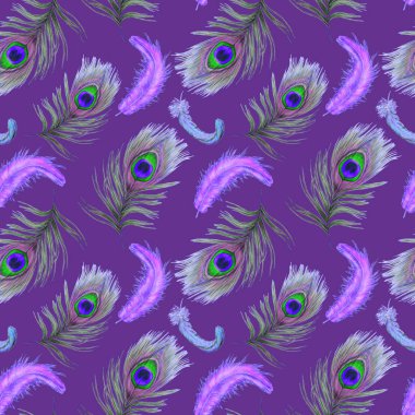 Güzel tüyleri olan dekoratif, pürüzsüz bir desen. Boya kalemleriyle çizilmiş moda resim baskısı.