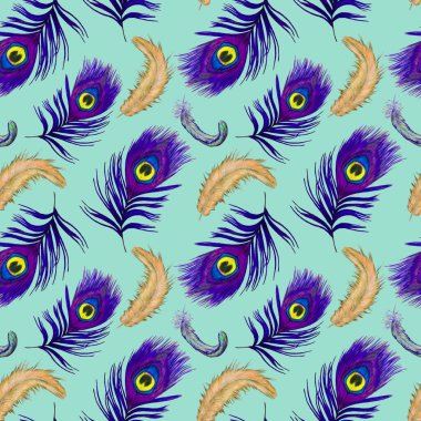 Güzel tavus kuşu tüyleriyle dekoratif, pürüzsüz desen. Modaya uygun bir kumaş. El boya kalemleriyle çizilmiş..