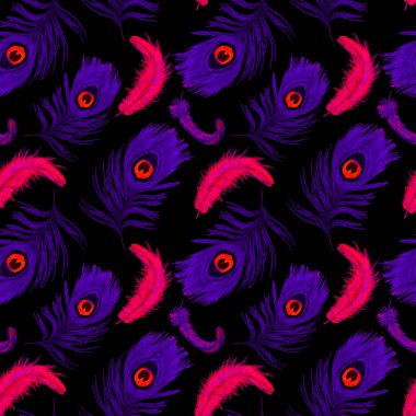 Dekoratif, pürüzsüz desenli, siyah tavus kuşu tüylü. Eski moda kumaş. El boya kalemleriyle çizilmiş..