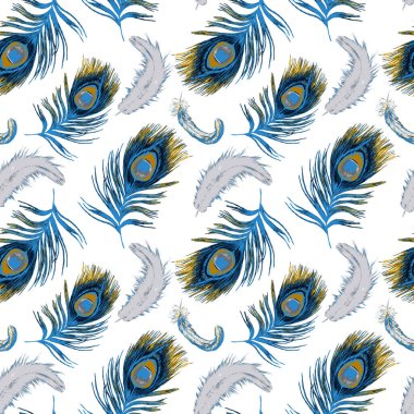 Altın tavus kuşu tüyleriyle dekoratif, pürüzsüz desen. Eski moda kumaş. El boya kalemleriyle çizilmiş.