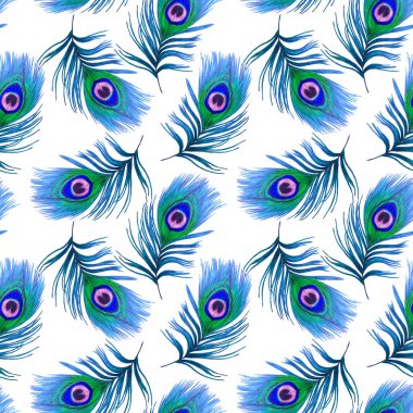 Güzel tavus kuşu tüyleriyle dekoratif, pürüzsüz desen. Modaya uygun bir kumaş. El boya kalemleriyle çizilmiş..