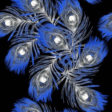 Dekoratif, pürüzsüz desenli, siyah tavus kuşu tüylü. Eski moda kumaş. El boya kalemleriyle çizilmiş..