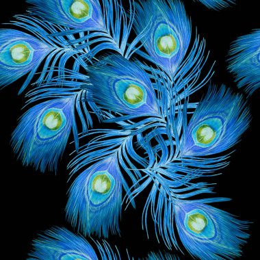 Dekoratif, pürüzsüz desenli, siyah tavus kuşu tüylü. Eski moda kumaş. El boya kalemleriyle çizilmiş..