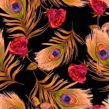 Süssüz desenli, suluboya güller ve tavus kuşu tüyleriyle. Romantik çiçek deseni. Klasik stil.