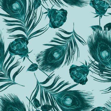 Süssüz desenli, suluboya güller ve tavus kuşu tüyleriyle. Romantik çiçek deseni. Klasik stil.