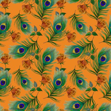 Süssüz desenli, suluboya güller ve tavus kuşu tüyleriyle. Romantik çiçek deseni. Klasik stil.