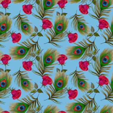 Süssüz desenli, suluboya güller ve tavus kuşu tüyleriyle. Romantik çiçek deseni. Klasik stil.