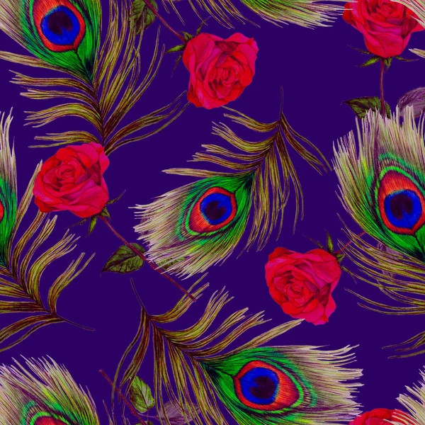 Dekorativa Sömlösa Mönster Med Vackra Akvarellrosor Och Påfågelfjädrar Romantiskt Blomtryck — Stockfoto